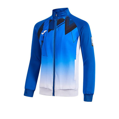 Men's knitted zippered geometric pattern collared jacket [white/blue]