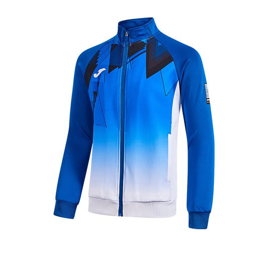 Men's knitted zippered geometric pattern collared jacket [white/blue]